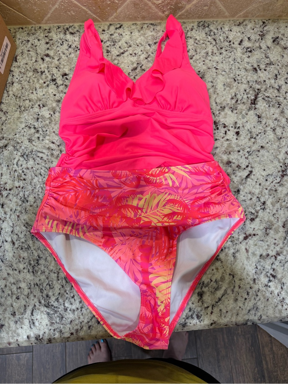 Ladies' Neon Pink Ruffle tankini Swimsuit with Tropical Print